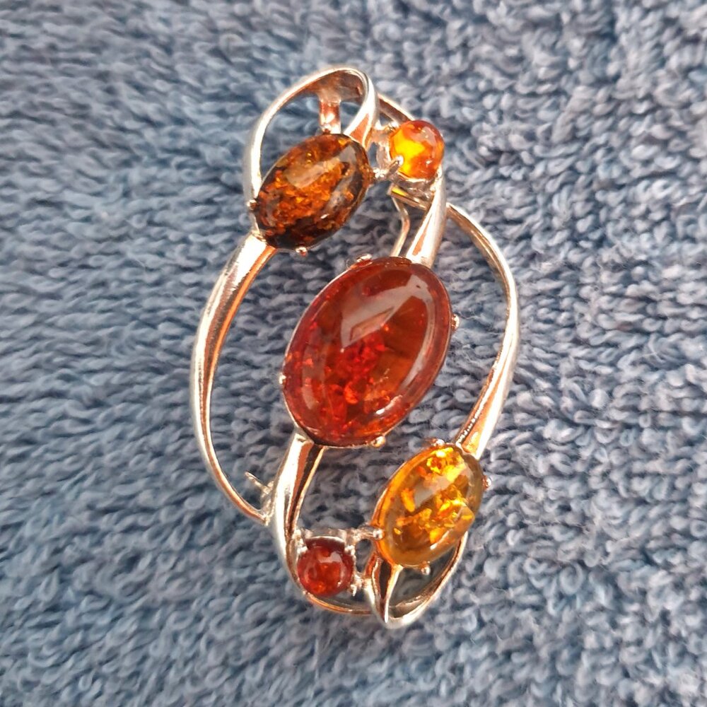 Vintage 925 Sterling Silver Genuine Baltic Amber Statement Brooch